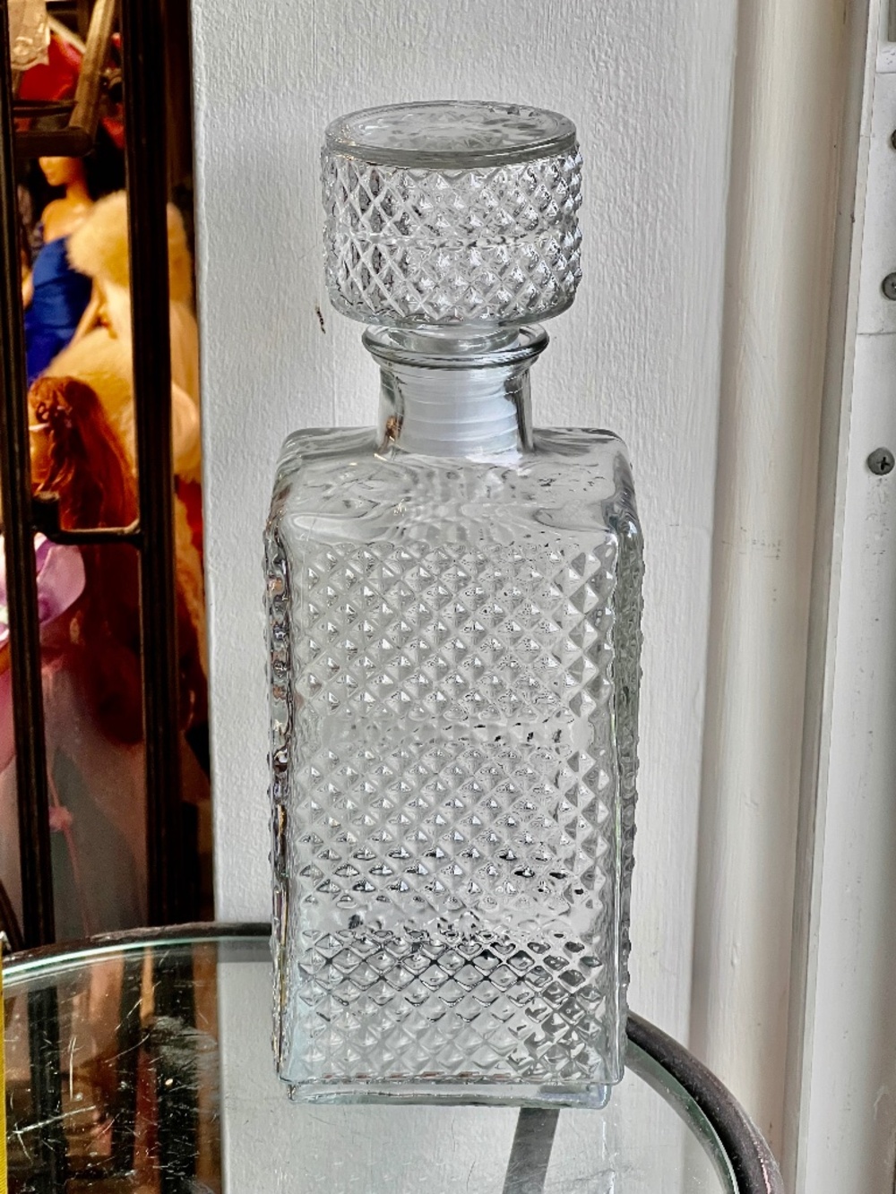 Vintage Clear Cut Square Liquor Decanter with Cylinder Stopper, 1950s-70s Barwar